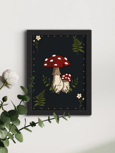 Toadstool mushroom ferns flowers - framed art print