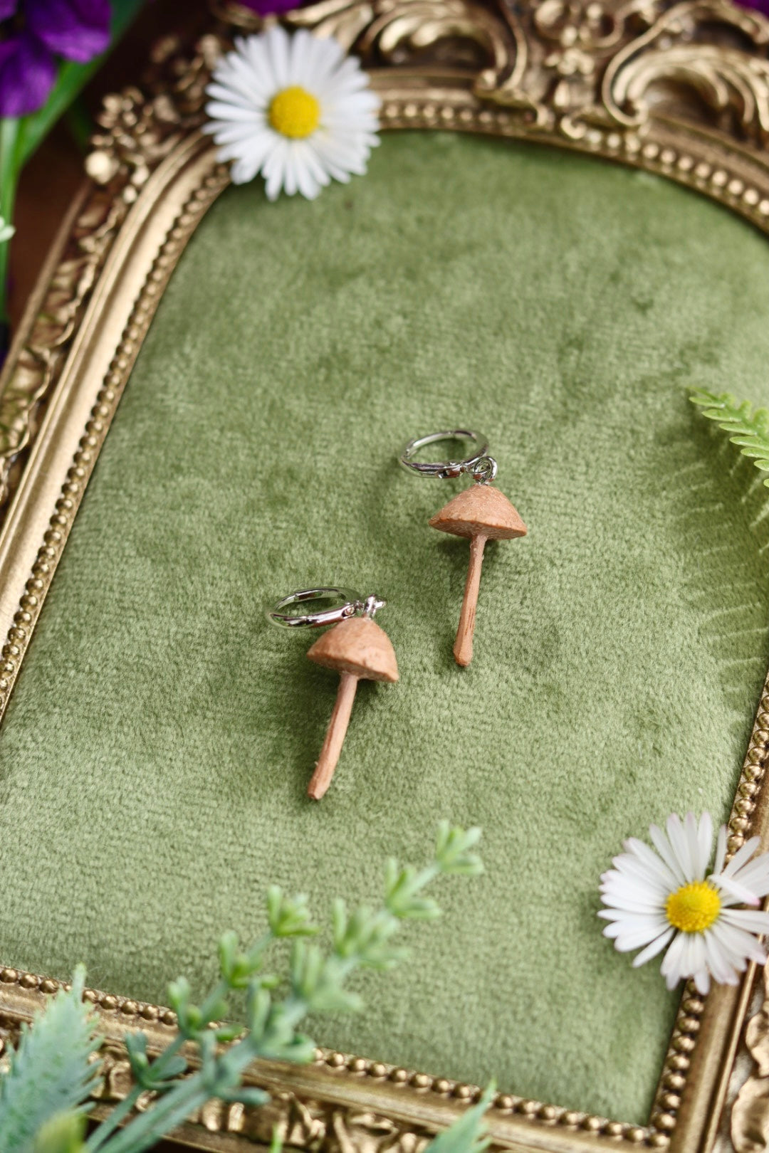 Hand carved wooden mushroom earrings - unique