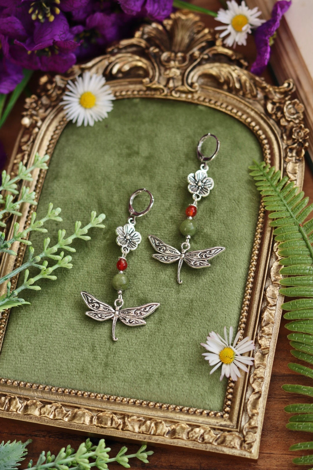 Silver dragonfly garden earrings