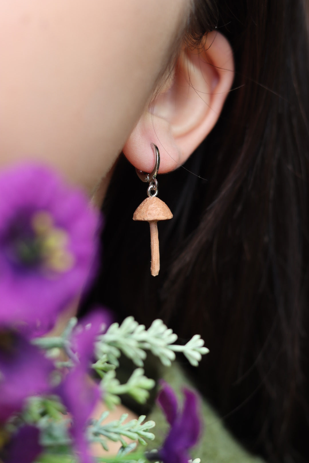 Hand carved wooden mushroom earrings - unique