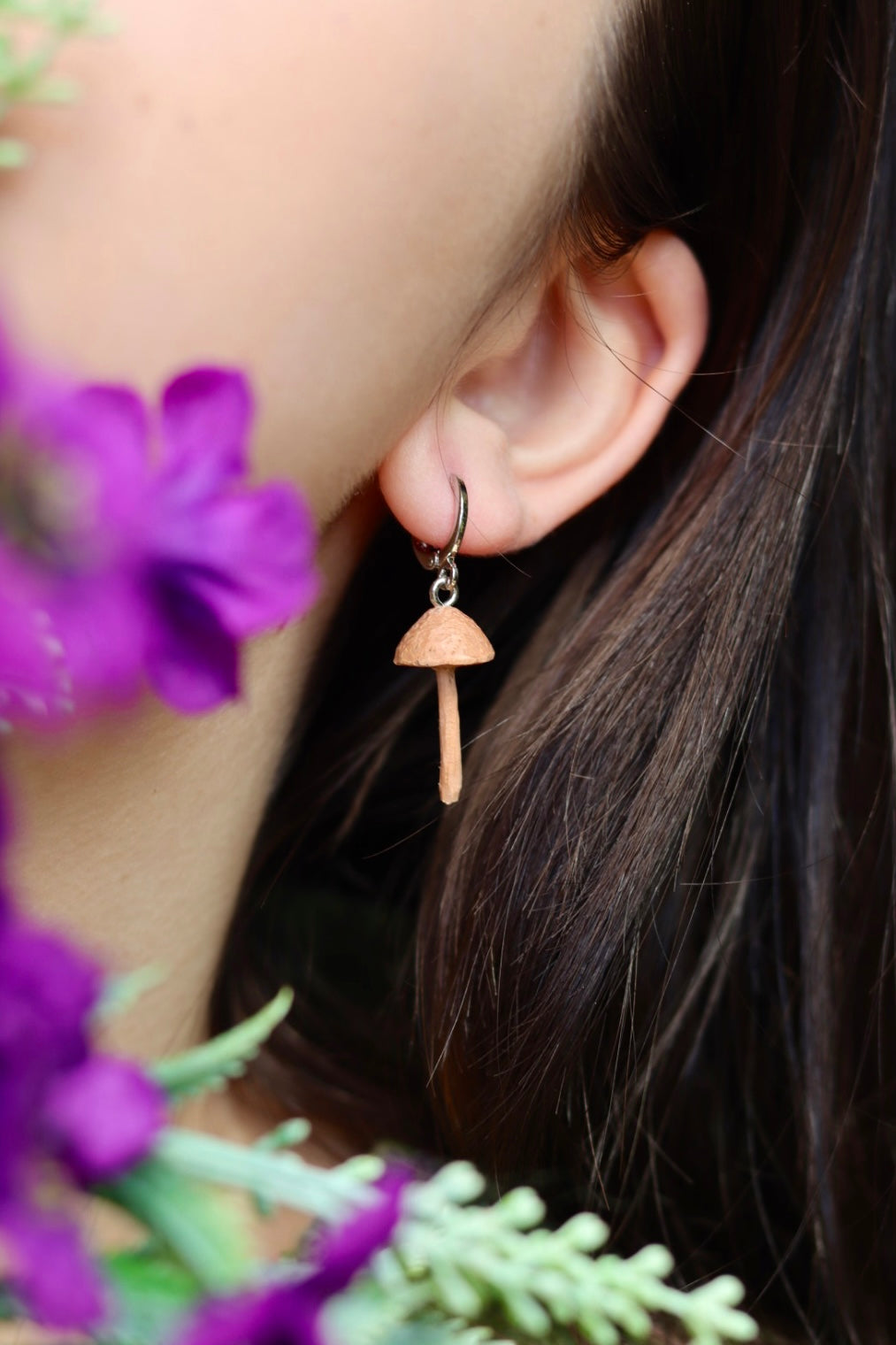 Hand carved wooden mushroom earrings - unique