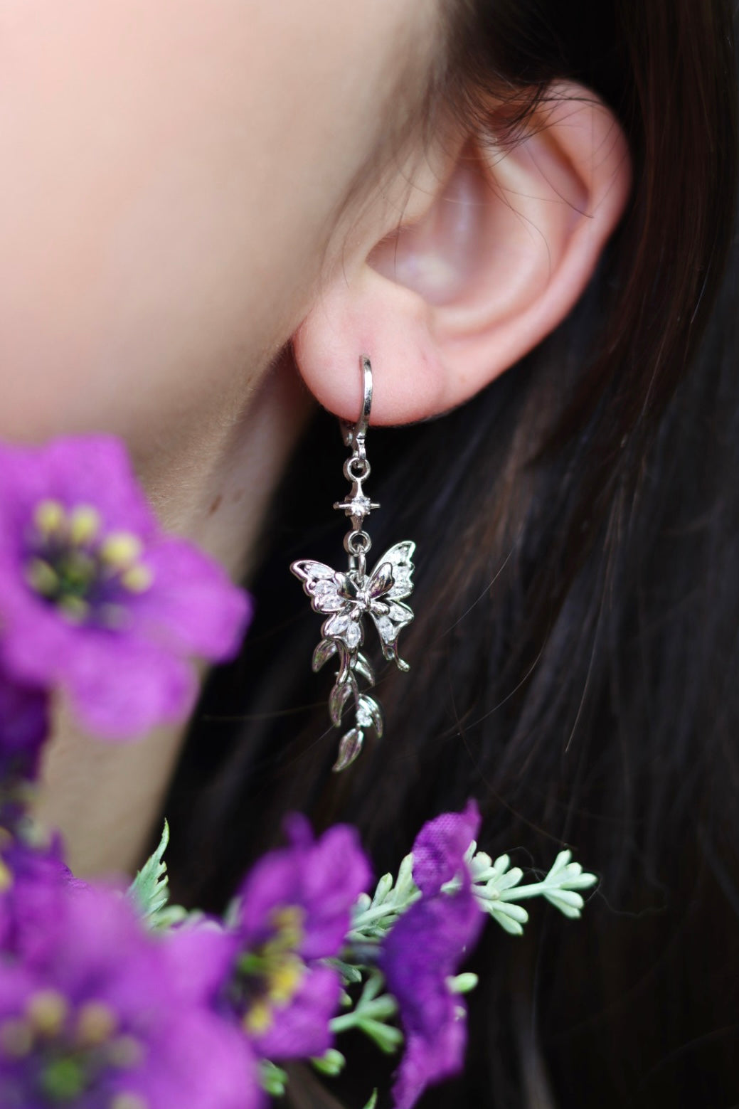 Silver butterfly leaf earrings