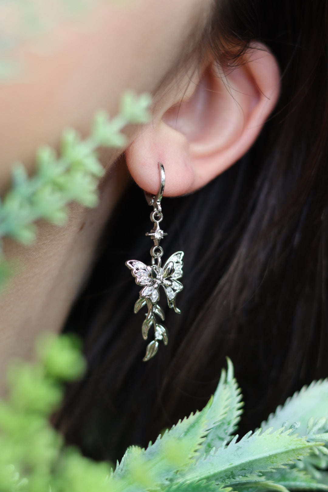 Silver butterfly leaf earrings