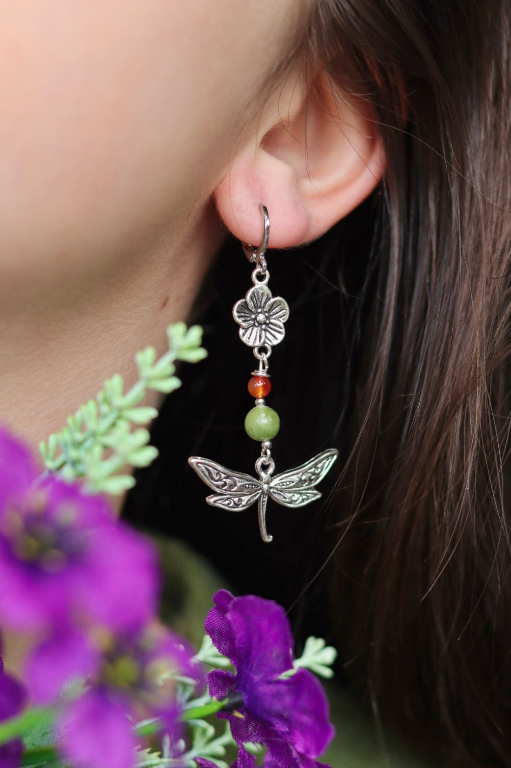 Silver dragonfly garden earrings
