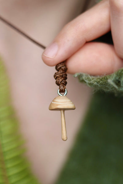 Hand carved wooden mushroom necklace - unique