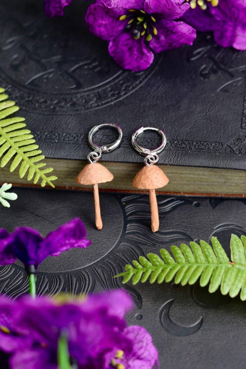 Hand carved wooden mushroom earrings - unique