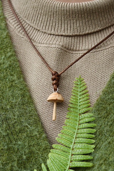 Hand carved wooden mushroom necklace - unique