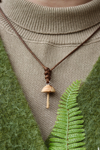 Hand carved wooden mushroom necklace - unique