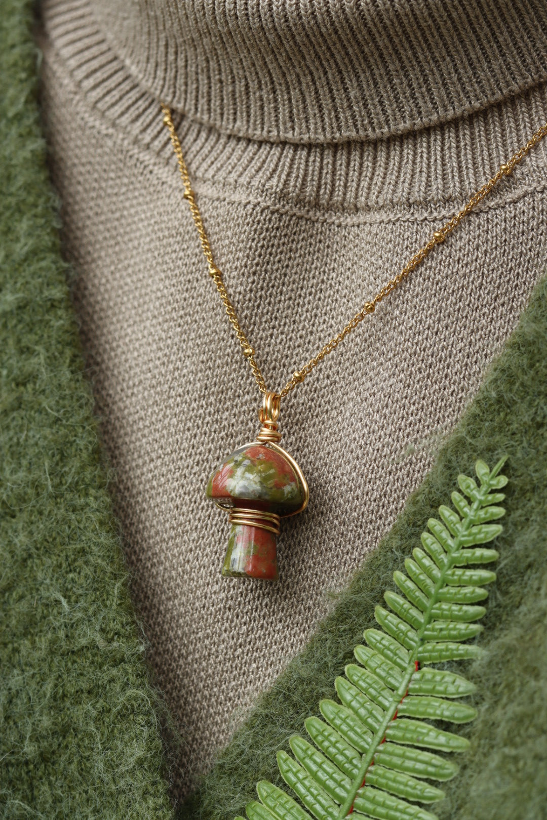 Unakite real stone mushroom necklace