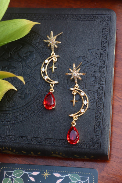 Moon and Star Red Drop Stud Earrings 24k gold plated