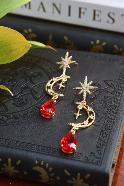 Moon and Star Red Drop Stud Earrings 24k gold plated