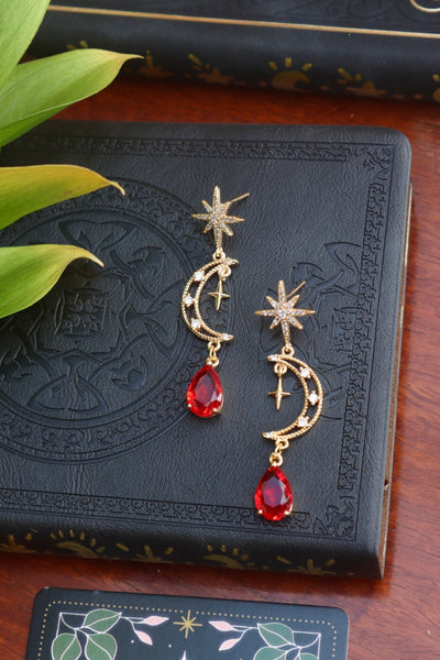 Moon and Star Red Drop Stud Earrings 24k gold plated