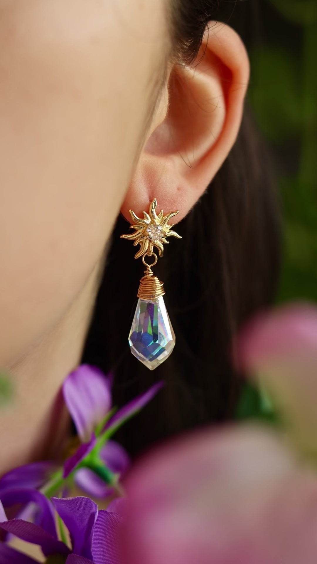 Sun crystal charm drop earrings