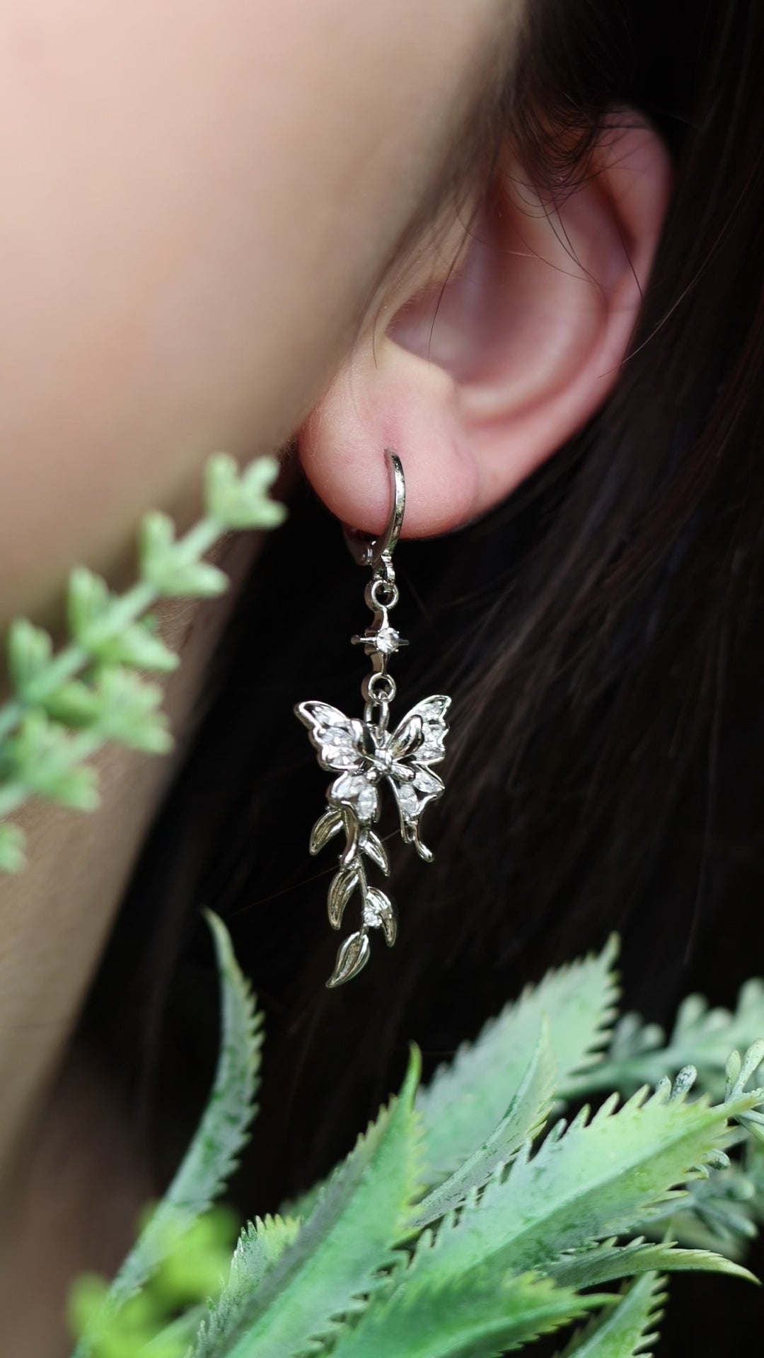 Silver butterfly leaf earrings