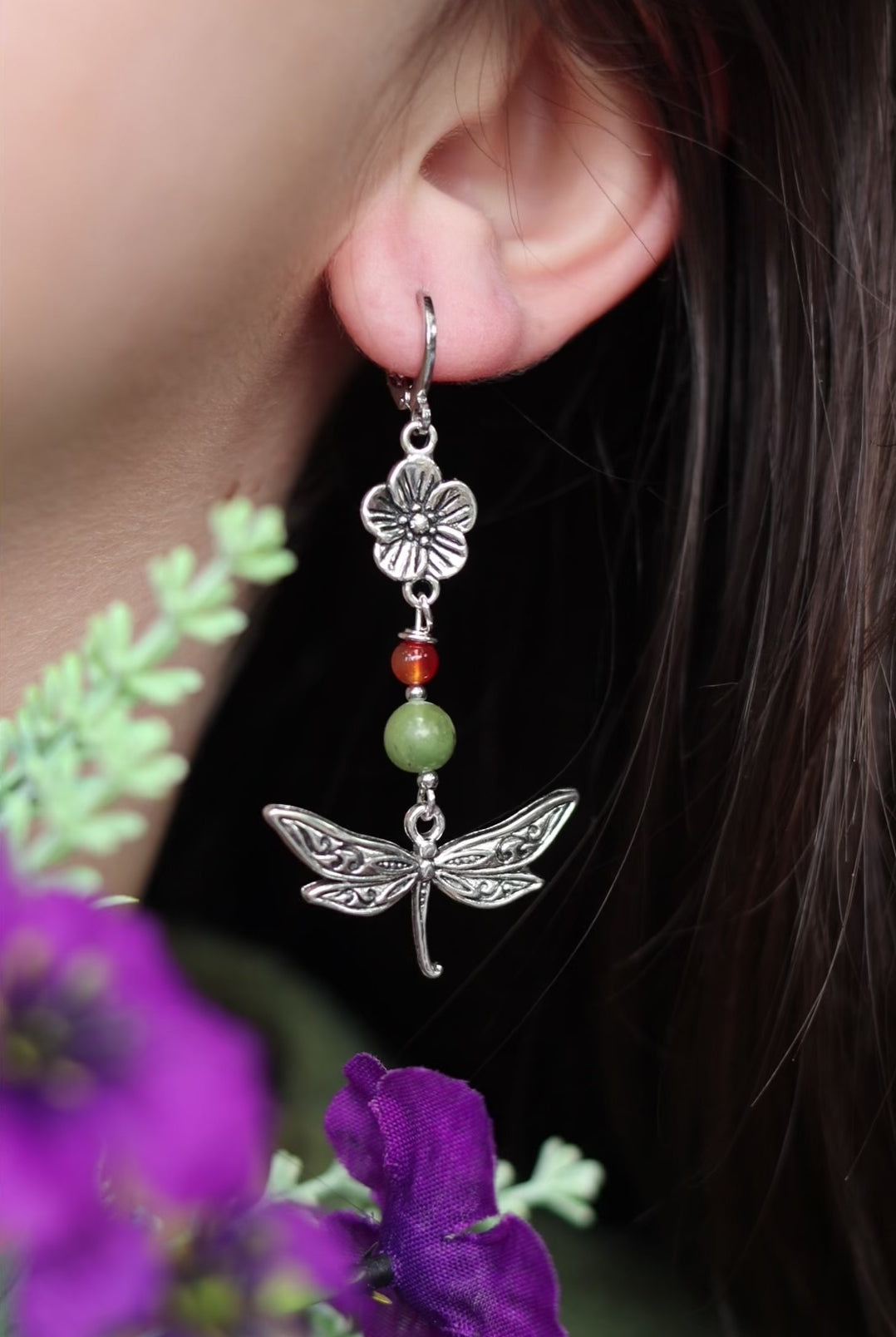 Silver dragonfly garden earrings